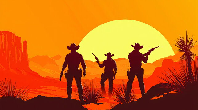vector illustration of a group of three cowboys, positioned in dynamic stances, with their guns drawn, ready for a showdown, wild west concept