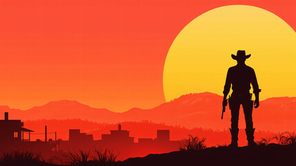 vector illustration of a sillhouette of a lone cowboy standing with his back to the viewer, holding a revolver in one hand, as he gazes out over a desolate Wild West town at dusk
