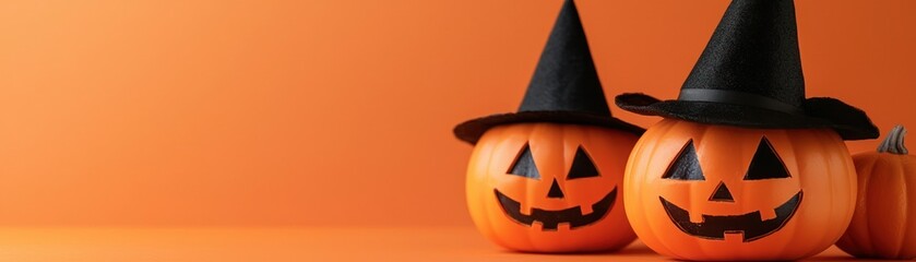 Two cheerful Halloween pumpkins with witch hats on an orange background, perfect for festive decorations and seasonal themes.