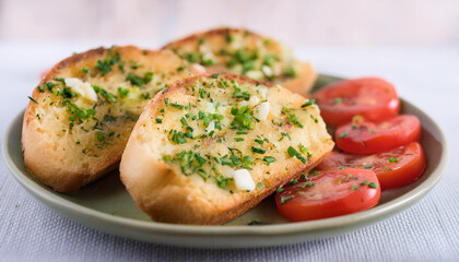 Garlic bread with chives and tomato slices on ceramic plate. Tasty food. Delicious meal.