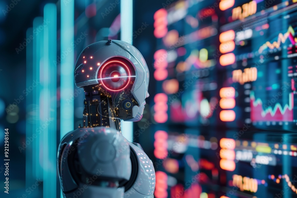 Poster a robot is positioned in front of a computer screen, showcasing its interaction with technology, inc