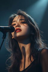 Obraz premium Asian woman singing on concert stage, singer artist