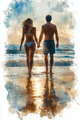 Fototapeta premium Watercolor painting of a couple in swimsuits walking along the beach.