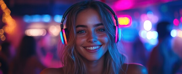 Woman in vibrant atmosphere with glowing headphones