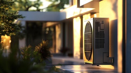 A high-resolution, ultra-realistic photograph of an outdoor heat pump unit mounted on the side wall of a modern home