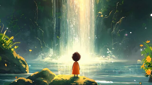 cartoon animation, back view of cute girl at lush forest waterfall with firefly fly around