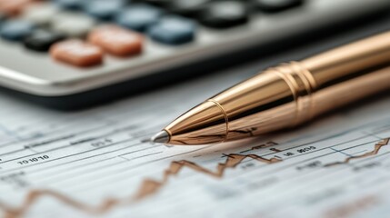 Image depicts a golden pen resting on a financial chart with a calculator in the background, symbolizing financial analysis and planning in a business context.