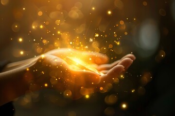 A hand of a person holding a glowing golden light, Incorporating interactive elements into digital marketing content