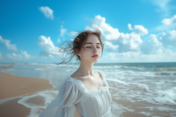 Caucasian woman in white dress walking on the beach.