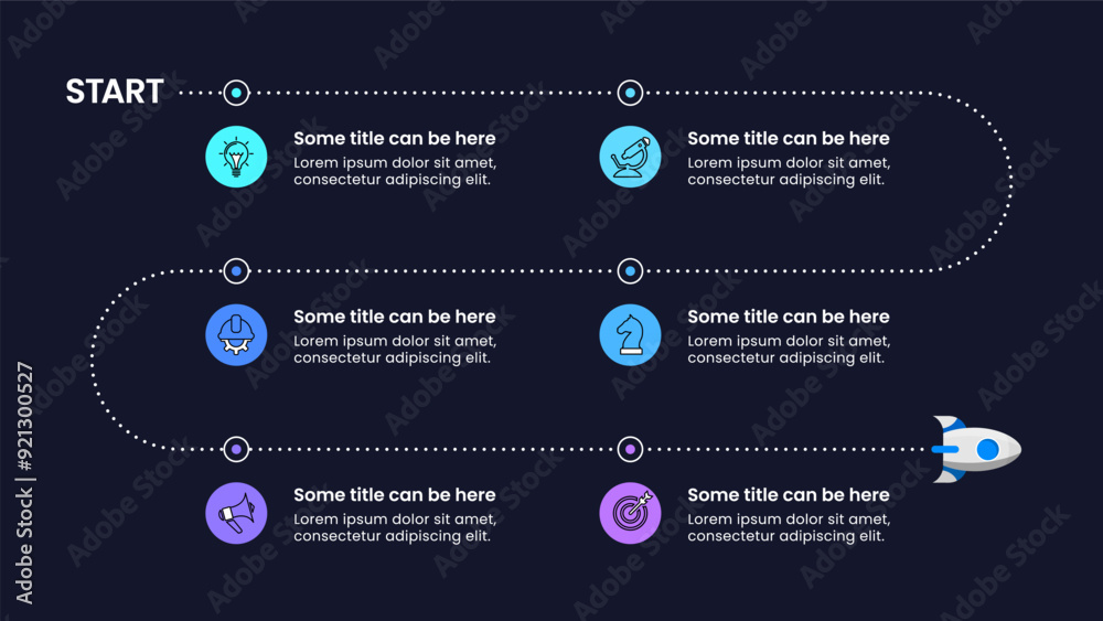 Canvas Prints Infographic template. Zigzag line with rocket and 6 steps to success