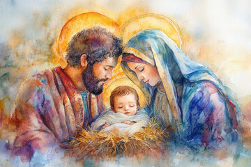 Watercolor painting of the holy family with baby jesus lying in a manger surrounded by golden light © Running opossum