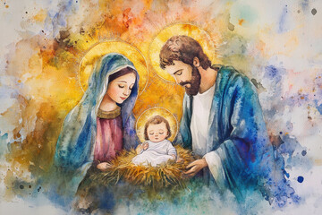 Watercolor painting of the holy family with a halo above their heads, celebrating the birth of jesus christ © Running opossum