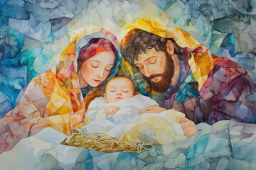 Watercolor painting of the holy family adoring their newborn son, baby jesus, in a manger © Running opossum