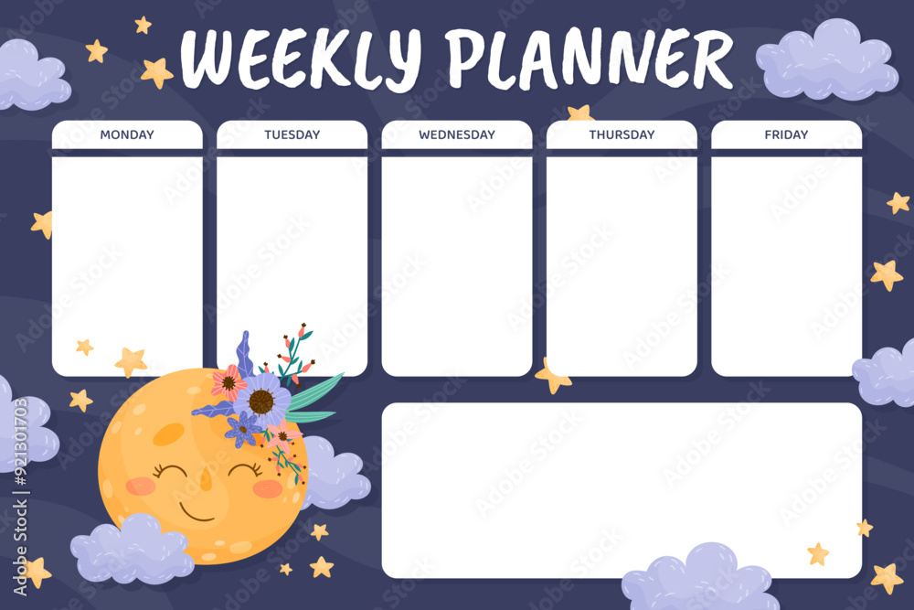 Sticker Weekly Planner with Cute Moon with Flowers and Pretty Face Vector Template