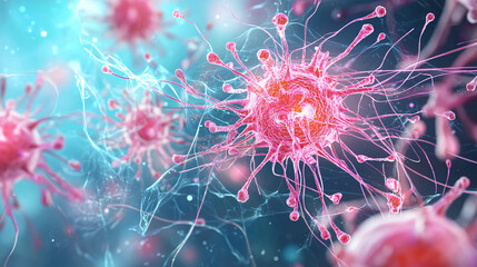 Obraz premium A close up of a pink cell with a red nucleus. The pink color of the cell is very vibrant and stands out against the blue background. Concept of life and energy.