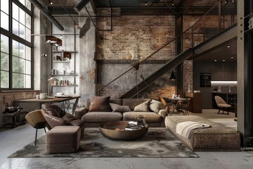 An industrial style living room featuring exposed brick walls and a staircase, Industrial living room with exposed brick walls and metal accents
