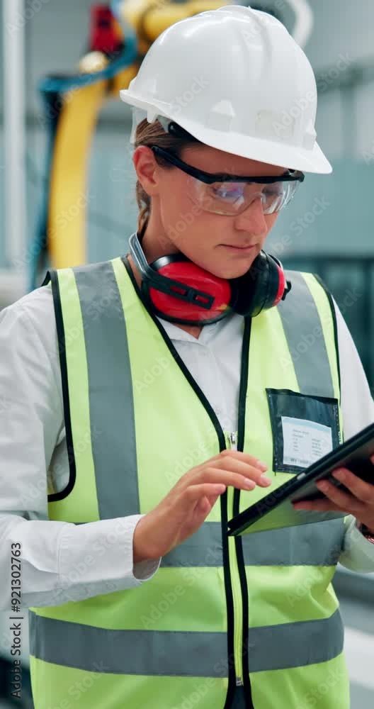 Fototapete Machine, woman and online with tablet in factory for design review, software development and manage configuration. Engineer, robotics facility and internet for technical manual and system diagnostics