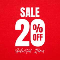 Sale 20% off selected items on red background