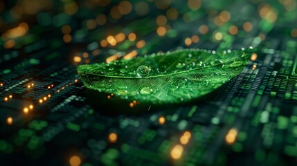 Leaf inside of falling drop water and bubble.Low polygon.Green technology and environment concept, water management and ecology system.Hi-tech and futuristic.Digital and technology. ai generated