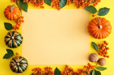 Fototapeta premium Frame of autumn leaves, decorative pumpkins, nuts, sea buckthorn, rose hips and ears of wheat on a yellow background. Top view. Place for text