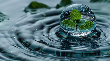 Leaf inside of falling drop water and bubble.Low polygon.Green technology and environment concept, water management and ecology system.Hi-tech and futuristic.Digital and technology. ai generated
