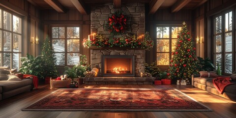 Cozy family living room with a fireplace and holiday decorations