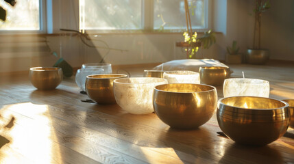 Crystal singing bowls for sound therapy on wooden floor