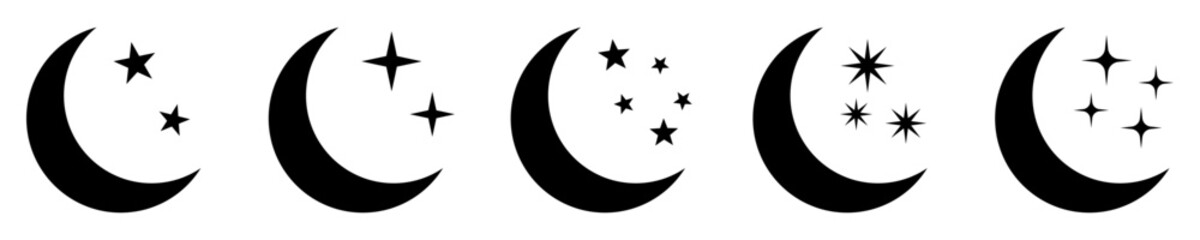 Crescent moon with stars icon on white background. Night icon. Crescent moon icon. Minimalist style.