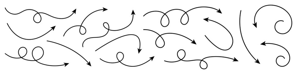 Collection of curved arrows. Set simple curved hand drawn arrows. Collection of pointers.