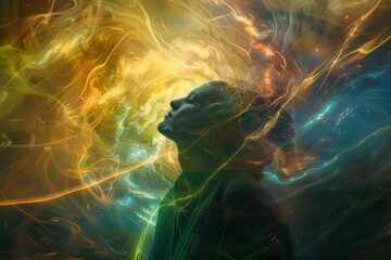 A womans head in front of a vibrant, colorful light, casting an ethereal glow, Infused with ethereal light and energy