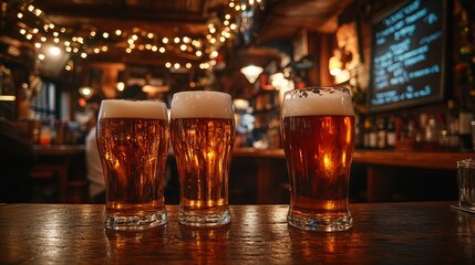 Three glasses of amber beer served at a cozy bar during evening hours