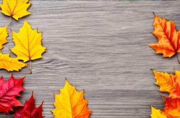 Frame of autumn leaves on a wooden background. Top view. Place for text