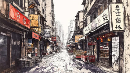 Fototapeta premium Rainy day on an old, narrow street in Chongqing, China, with pedestrians holding umbrellas