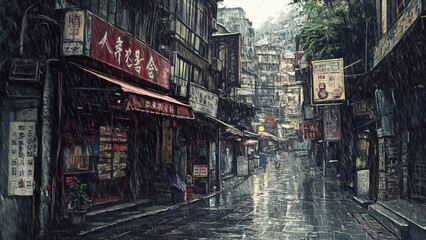 Obraz premium Rainy day on an old, narrow street in Chongqing, China, with pedestrians holding umbrellas
