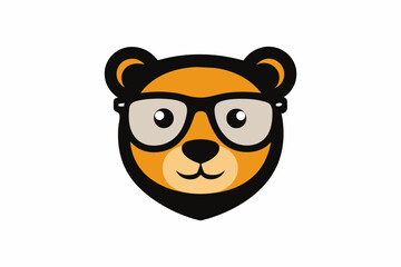 A cute bear logo face with black glasses white background