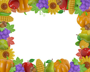 autumn frame with 3d fruits, flowers and leaves