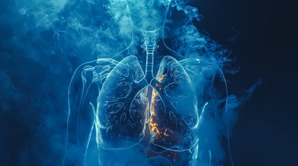 A blue and yellow image of a human body with a glowing heart. The image has a futuristic and scientific feel to it