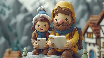 Happy family booking summer vacation trip using 3d model of phone with empty white screen isolated on blue background. New app, holiday, travel. ai generated