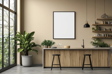 Fototapeta premium Minimalist Kitchen interior with Poster Mockup created with Generative AI