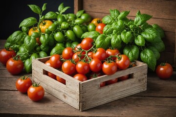 Harvest tomatoes in wooden box with green leaves and flowers