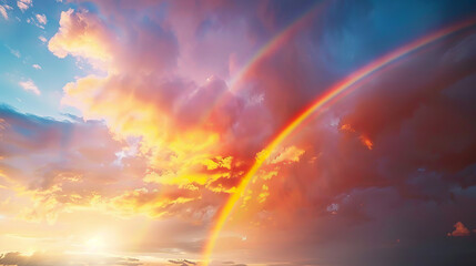 Fototapeta premium Double rainbow and clouds on sky at sunset