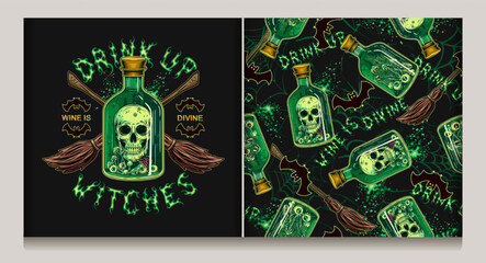 Pattern, label with bottle of green potion with human skull, eyeballs, mushrooms inside, brooms, bat silhouette, text Drink up. Halloween creepy illustration in vintage style. Not AI