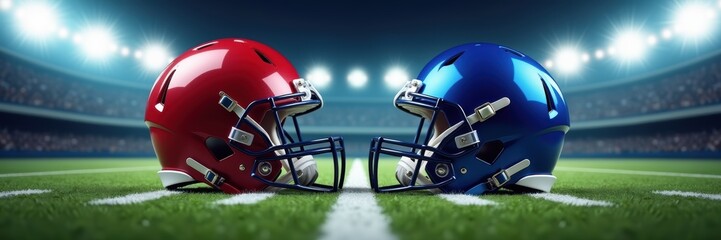 Naklejka premium Red and blue American football helmets opposite each other. Symbolize competition and sportsmanship, perfect for promoting events, teams, or athletic merchandise.