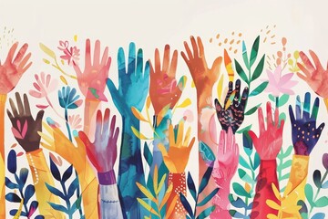 A watercolor illustration showing numerous hands reaching upwards towards the sky, Inspiring hope and optimism for a more inclusive and equitable society