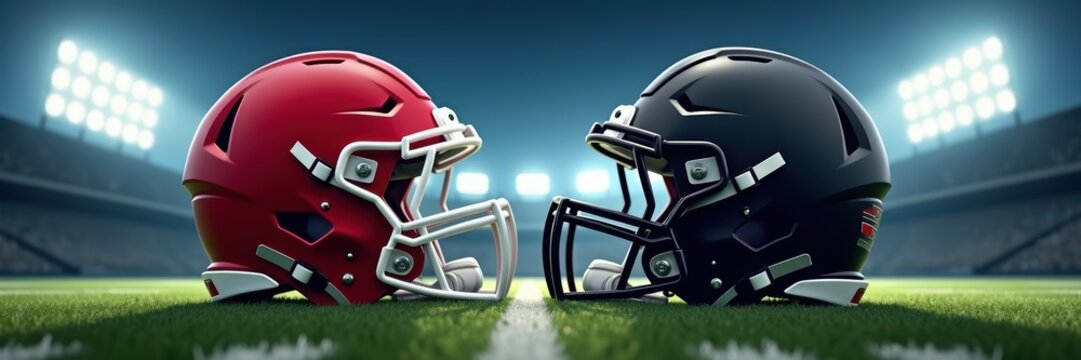 Red and black American football helmets opposite each other. Symbolize competition and sportsmanship, perfect for promoting events, teams, or athletic merchandise.