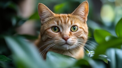 Fototapeta premium a cat with green eyes looking out from behind a plant with leaves on it's sides and a blurry background