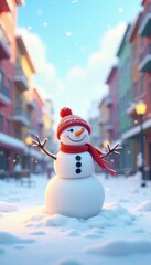 Obraz premium A cheerful snowman stands in a picturesque snowy street, surrounded by vibrant buildings, perfect for winter-themed marketing and holiday promotions.