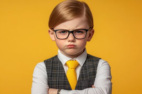 Confident young boy dressed in a formal suit posing against a vibrant yellow backdrop