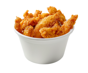 Crispy chicken strips in a white bucket on a table