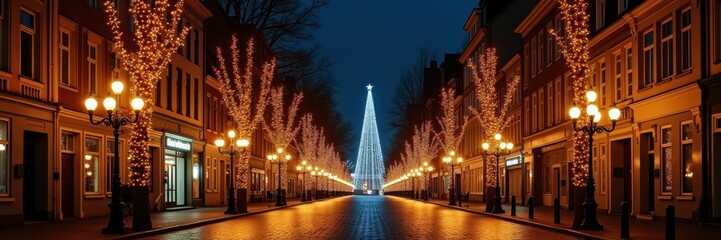 Obraz premium A beautifully lit street during the holiday season, showcasing festive lights, a Christmas tree, and a charming atmosphere perfect for winter celebrations.